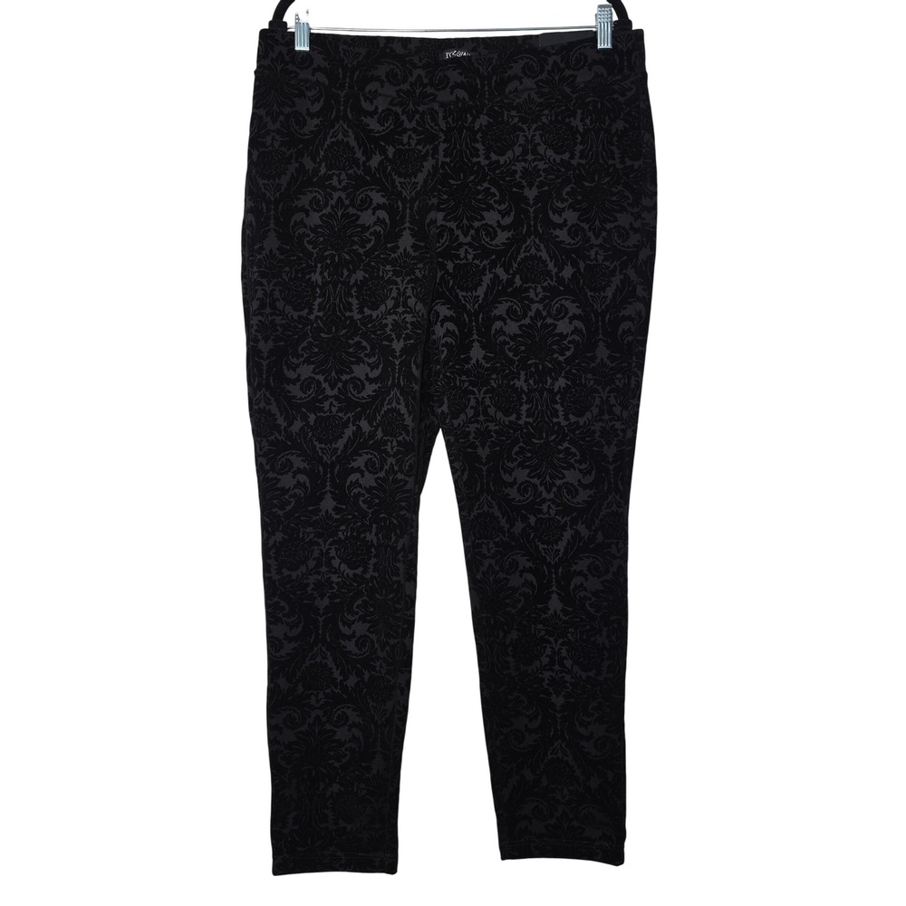 Roz & Ali Legging Womens 1X Black Damask Flocked Velvet Pull On Gothic Stretch